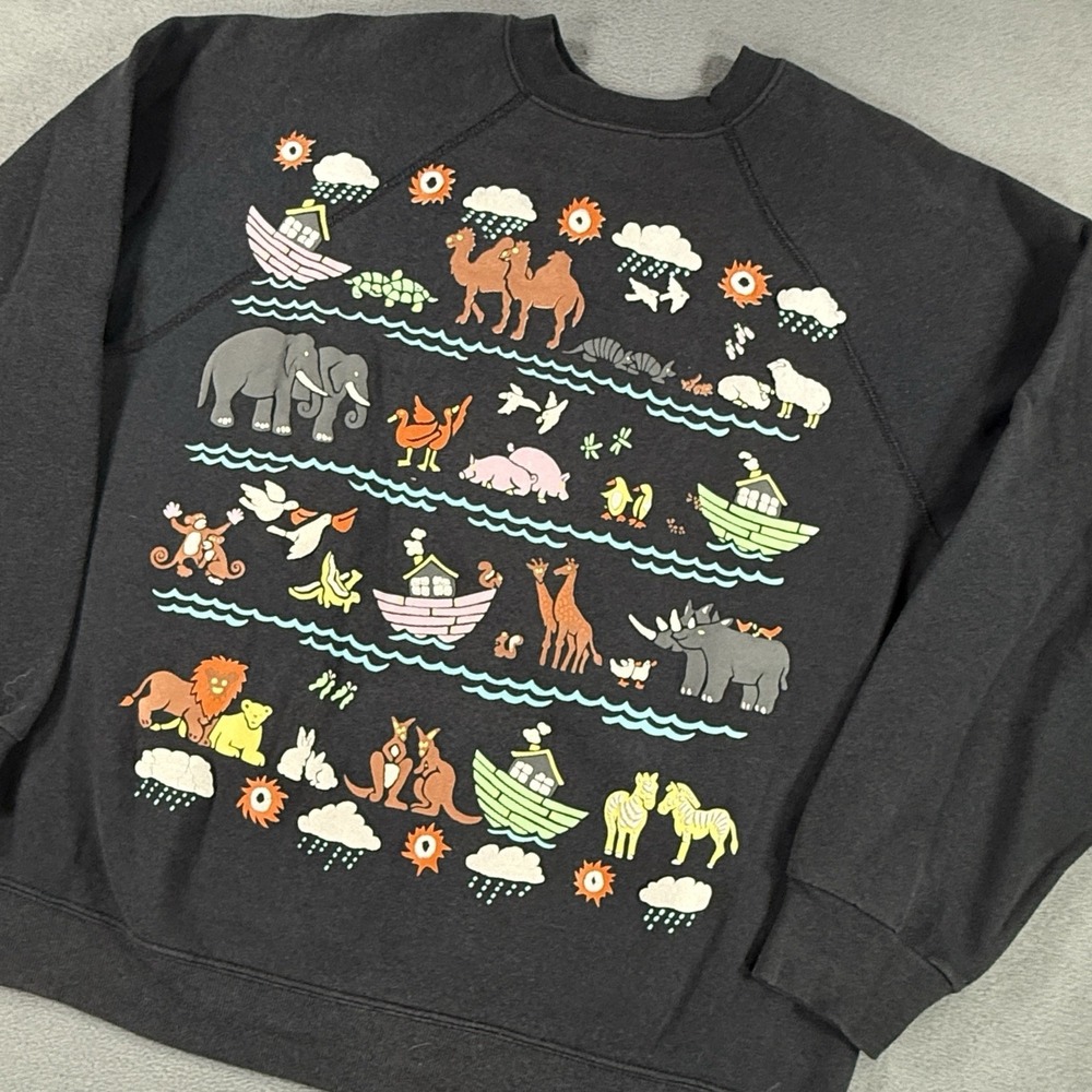 Vintage 1990 NOAH's ARK ANIMAL Sweatshirt L/XL USA Made Crewneck Black Puffed